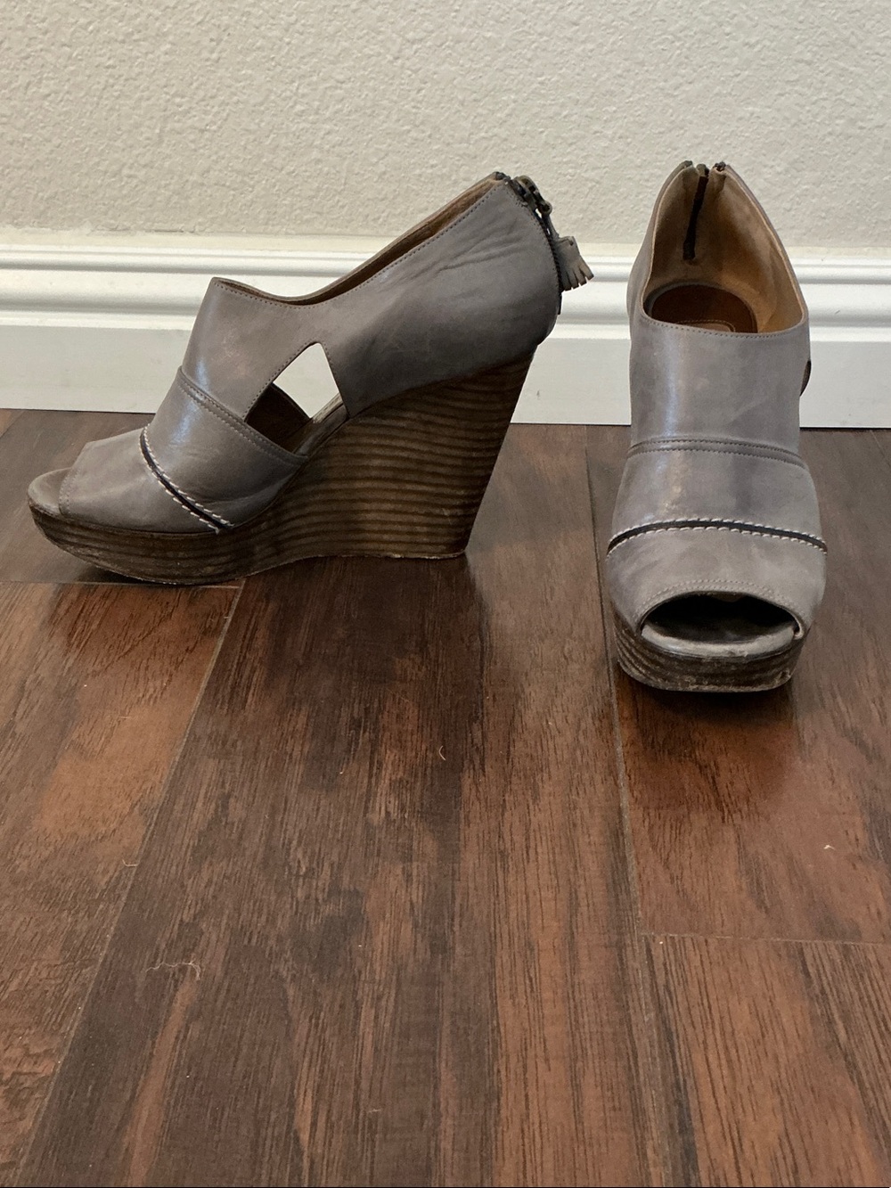 Chloe Gray Open-Toe Wedge Booties with Back Zip